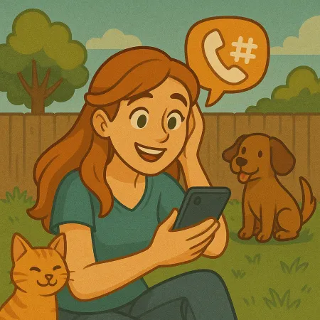 Mujer pelirroja sentada en la hierba en un jardín, sonriendo mientras mira su smartphone. Un gato naranja está acurrucado junto a ella y un perro marrón está sentado cerca. Una burbuja de diálogo con un ícono de teléfono y un símbolo de número flota sobre ella, sugiriendo una conversación telefónica.