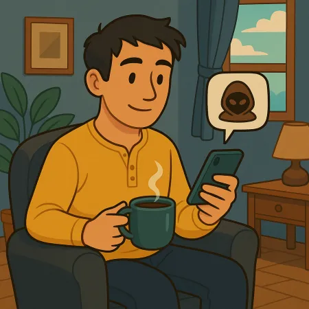 Hombre sentado cómodamente en un sillón, sosteniendo una taza de café humeante y consultando su smartphone, con un globo de mensaje mostrando un ícono de máscara anónima o de hacker, en una sala cálida con ventana, lámpara y planta