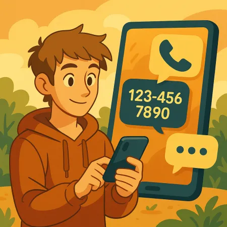 Joven sonriente con sudadera usando su smartphone, con una gran pantalla de teléfono de fondo mostrando un ícono de llamada y un número de teléfono ficticio (123-456-7890), en un entorno exterior estilizado y cálido
