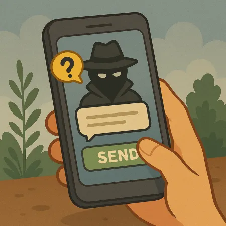 Mano sosteniendo un smartphone que muestra un personaje enmascarado con impermeable y sombrero, representando a un remitente anónimo. Se ve un globo de diálogo con un signo de interrogación, así como un botón verde marcado 'ENVIAR', sugiriendo el envío de un mensaje anónimo