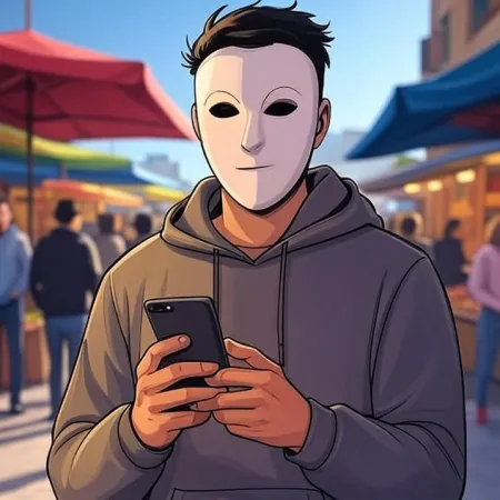 Un joven de estilo animado con una máscara blanca y una sudadera gris, mirando su teléfono en un mercado al aire libre.