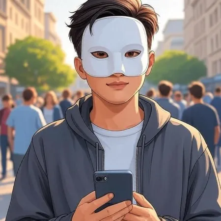 Un joven de estilo animado que lleva una máscara blanca y una chaqueta con capucha gris, mira a la cámara mientras sostiene un smartphone en una calle concurrida.