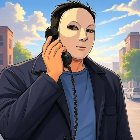 Un hombre con una máscara blanca, una chaqueta oscura y una camiseta azul, habla en el receptor de un teléfono negro antiguo, con una calle de la ciudad de fondo.