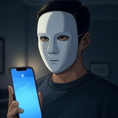 Persona con una máscara blanca sosteniendo un smartphone con la pantalla de bloqueo encendida.