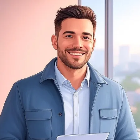 Un joven sonriente con vestimenta profesional casual en una oficina.
