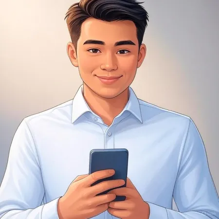 Ilustración de un hombre de negocios sonriente en traje azul sosteniendo un smartphone.