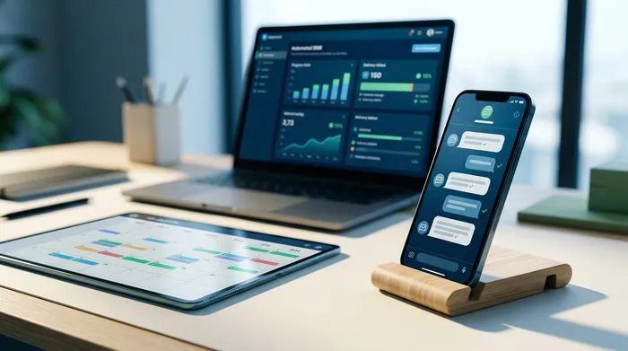 Una imagen dividida en dos partes que muestra un smartphone: a la izquierda, una interfaz de mensajería con una opción para programar envíos, y a la derecha, una notificación de recordatorio sobre un escritorio de madera.