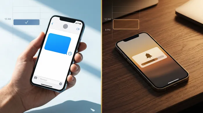 Un smartphone que muestra una aplicación de mensajería apoyado en el mostrador de madera clara de una peluquería, con tijeras profesionales y productos de belleza al fondo.