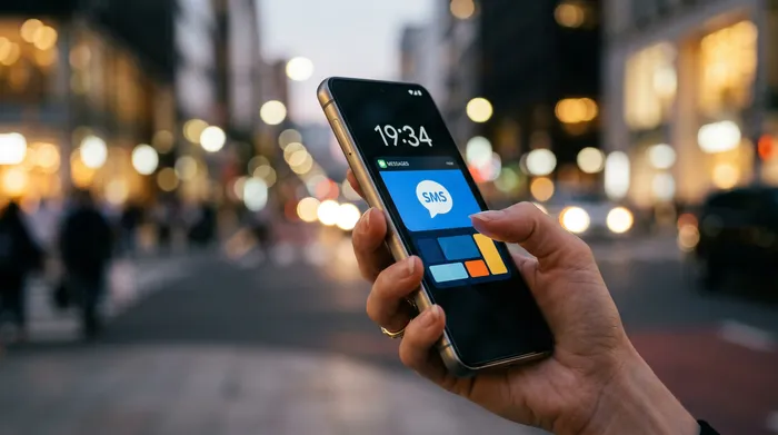 Una persona sosteniendo un smartphone que muestra una aplicación de mensajería, sentada en un escritorio con una computadora portátil, un cuaderno de notas y una taza de café.