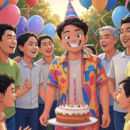 Niño sonriente con sombrero de fiesta sosteniendo un pastel con una vela, rodeado de invitados y globos coloridos al aire libre.