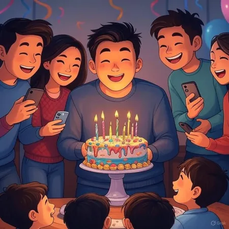 Ilustración de un cumpleaños donde un hombre sonriente sostiene un pastel decorado con velas encendidas, rodeado de amigos y seres queridos tomando fotos con sus teléfonos.