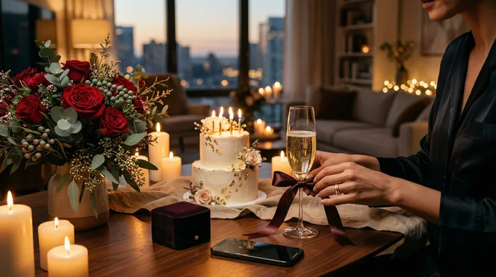 Una mujer sonriente sentada en una cocina moderna mira su celular, mientras dos hombres en el fondo le presentan tortas de cumpleaños con velas encendidas.