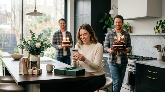 Una mujer sonriente con un vestido verde de lentejuelas mira su smartphone frente a una torta de cumpleaños decorada con velas, rodeada de amigos que brindan con copas de champán en una fiesta.