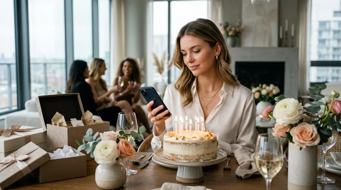 Un smartphone con la pantalla en blanco colocado delante de una torta de cumpleaños elegante y decorada, sobre una mesa de fiesta con regalos y copas de champán.