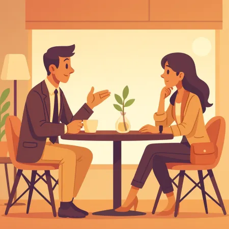 Ilustración de dos personas conversando cara a cara en un café, un hombre en traje y una mujer en vestimenta casual elegante, sentados a una mesa con una pequeña planta en el centro.